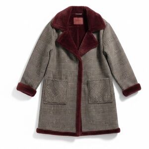 Blank NYC Plaid Teddy Coat Brown and Cream Burgundy Trim Medium